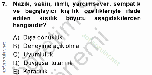 7. soru: Nazik, sakin, ılımlı, yardımsever, sempatik ve bağışlayıcı kişilik özellikleriyle ifade edilen kişilik boyutu aşağıda…