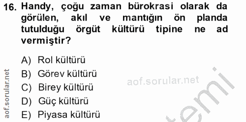 16. soru: Handy, çoğu zaman bürokrasi olarak da görülen, akıl ve mantığın ön planda tutulduğu örgüt kültürü tipine ne ad vermiş…
