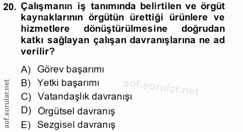 20. soru: Çalışmanın iş tanımında belirtilen ve örgüt kaynaklarının örgütün ürettiği ürünlere ve hizmetlere dönüştürülmesine do…