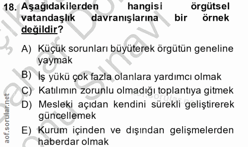 18. soru: Aşağıdakilerden hangisi örgütsel vatandaşlık davranışlarına bir örnek değildir? A) Küçük sorunları büyüterek örgütün…