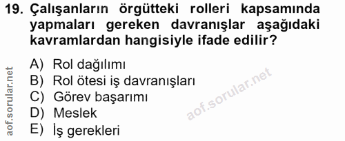 19. soru: Çalışanların örgütteki rolleri kapsamında yapmaları gereken davranışlar aşağıdaki kavramlardan hangisiyle ifade edili…