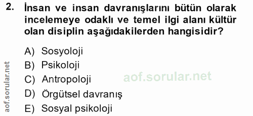 2. soru: İnsan ve insan davranışlarını bütün olarak incelemeye odaklı ve temel ilgi alanı kültür olan disiplin aşağıdakilerden…