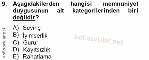 9. soru: Aşağıdakilerden hangisi memnuniyet duygusunun alt kategorilerinden biri değildir? A) Sevinç B) İyimserlik C) Gurur D)…