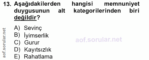 13. soru: Aşağıdakilerden hangisi memnuniyet duygusunun alt kategorilerinden biri değildir? A) Sevinç B) İyimserlik C) Gurur D)…