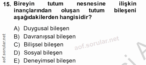 15. soru: Bireyin tutum nesnesine ilişkin inançlarından oluşan tutum bileşeni aşağıdakilerden hangisidir? A) Duygusal bileşen B…