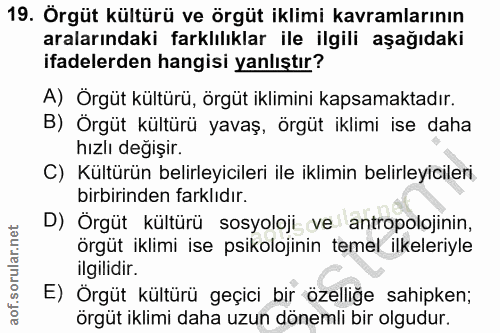 19. soru: Örgüt kültürü ve örgüt iklimi kavramlarının aralarındaki farklılıklar ile ilgili aşağıdaki ifadelerden hangisi yanlış…