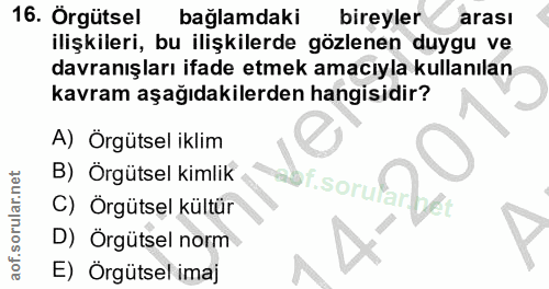 16. soru: Örgütsel bağlamdaki bireyler arası ilişkileri, bu ilişkilerde gözlenen duygu ve davranışları ifade etmek amacıyla kul…