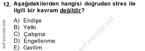 12. soru: Aşağıdakilerden hangisi doğrudan stres ile ilgili bir kavram değildir? A) Endişe B) Yetki of. C) Çatışma D) Engellenm…