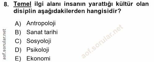 8. soru: Temel ilgi alanı insanın yarattığı kültür olan disiplin aşağıdakilerden hangisidir? A) Antropoloji B) Sanat tarihi C)…
