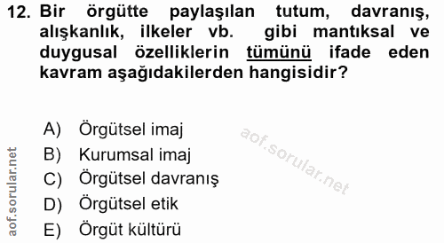 12. soru: Bir örgütte paylaşılan tutum, davranış, alışkanlık, ilkeler vb. gibi mantıksal ve duygusal özelliklerin tümünü ifade…