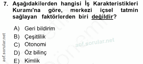 7. soru: Aşağıdakilerden hangisi İş Karakteristikleri Kuramı'na göre, merkezi içsel tatmin sağlayan faktörlerden biri değildir…