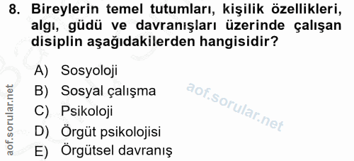 8. soru: Bireylerin temel tutumları, kişilik özellikleri, algı, güdü ve davranışları üzerinde çalışan disiplin aşağıdakilerden…