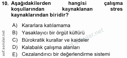 10. soru: Aşağıdakilerden hangisi çalışma koşullarından kaynaklanan stres kaynaklarından biridir? A) Kararlara katılamama B) Ya…
