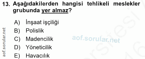 13. soru: Aşağıdakilerden hangisi tehlikeli meslekler grubunda yer almaz? A) Inşaat işçiliği B) Polislik C) Madencilik D) Yönet…