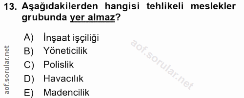 13. soru: Aşağıdakilerden hangisi tehlikeli meslekler grubunda yer almaz? A) İnşaat işçiliği B) Yöneticilik C) Polislik D) Hava…