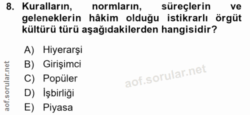 8. soru: Kuralların, normların, süreçlerin ve geleneklerin hâkim olduğu istikrarlı örgüt kültürü türü aşağıdakilerden hangisid…