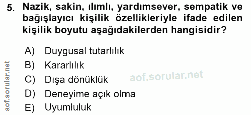 5. soru: Nazik, sakin, ılımlı, yardımsever, sempatik ve bağışlayıcı kişilik özellikleriyle ifade edilen kişilik boyutu aşağıda…