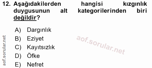 12. soru: Aşağıdakilerden hangisi kızgınlık duygusunun alt kategorilerinden biri değildir? A) Dargınlık B) Eziyet C) Kayıtsızlı…