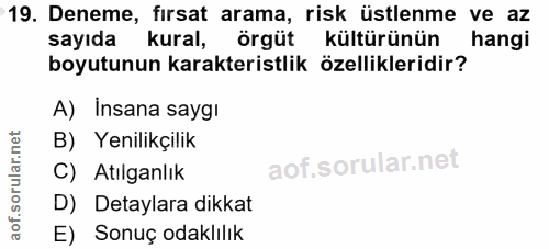 19. soru: Deneme, fırsat arama, risk üstlenme ve az sayıda kural, örgüt kültürünün hangi boyutunun karakteristlik özellikleridi…