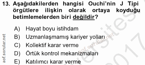 13. soru: Aşağıdakilerden hangisi Ouchi'nin J Tipi örgütlere ilişkin olarak ortaya koyduğu betimlemelerden biri değildir? A) Ha…