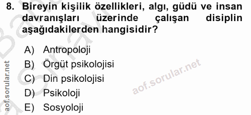 8. soru: Bireyin kişilik özellikleri, algı, güdü ve insan davranışları üzerinde çalışan disiplin aşağıdakilerden hangisidir? A…
