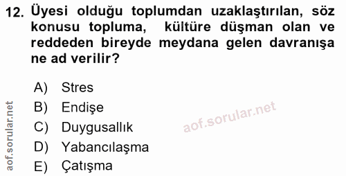 12. soru: Uyesi olduğu toplumdan uzaklaştırılan, söz konusu topluma, kültüre düşman olan ve reddeden bireyde meydana gelen davr…