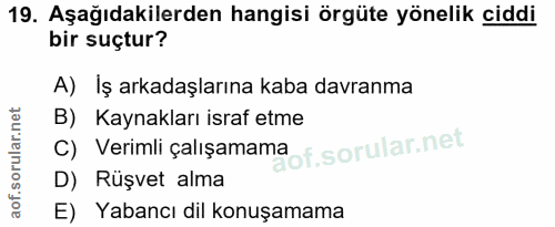 19. soru: Aşağıdakilerden hangisi örgüte yönelik ciddi bir suçtur? A) Iş arkadaşlarına kaba davranma B) Kaynakları israf etme C…