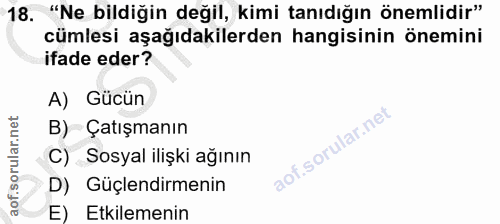 18. soru: "Ne bildiğin değil, kimi tanıdığın önemlidir" cümlesi aşağıdakilerden hangisinin önemini ifade eder? A) Gücün B) Çatı…