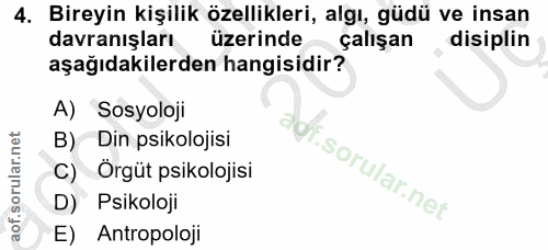 4. soru: Bireyin kişilik özellikleri, algı, güdü ve insan davranışları üzerinde çalışan disiplin aşağıdakilerden hangisidir? A…