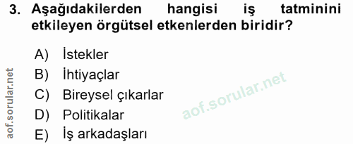 3. soru: Aşağıdakilerden hangisi tatminini etkileyen örgütsel etkenlerden biridir? A) İstekler B) Ihtiyaçlar C) Bireysel çıkar…