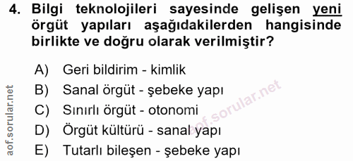 4. soru: Bilgi teknolojileri sayesinde gelişen yeni örgüt yapıları aşağıdakilerden hangisinde birlikte ve doğru olarak verilmi…