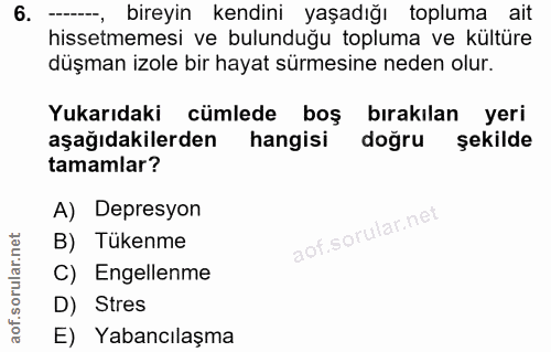 6. soru: bireyin kendini yaşadığı topluma ait hissetmemesi ve bulunduğu topluma ve kültüre düşman izole bir hayat sürmesine ne…