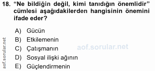 18. soru: "Ne bildiğin değil, kimi tanıdığın önemlidir" cümlesi aşağıdakilerden hangisinin önemini ifade eder? A) Gücün B) Etki…