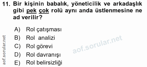 11. soru: Bir kişinin babalık, yöneticilik ve arkadaşlık gibi pek çok rolü aynı anda üstlenmesine ne ad verilir? A) Rol çatışma…