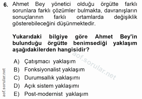 6. soru: Ahmet Bey yönetici olduğu örgütte farklı sorunlara farklı çözümler bulmakta, davranışların sonuçlarının farklı ortaml…