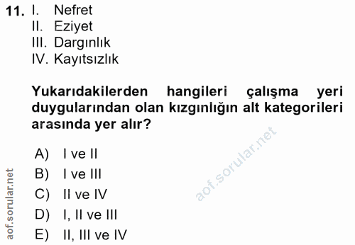 11. soru: I. Nefret Il. Eziyet IlI. Dargınlık IV. Kayıtsızlık Yukarıdakilerden hangileri çalışma yeri duygularından olan kızgın…