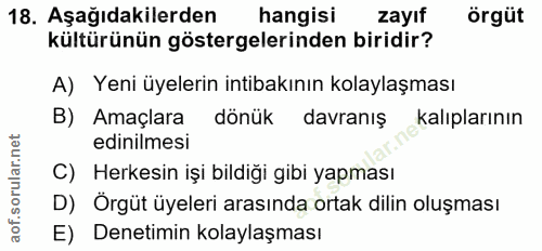 18. soru: Aşağıdakilerden hangisi zayıf örgüt kültürünün göstergelerinden biridir? A) Yeni üyelerin intibakının kolaylaşması B)…
