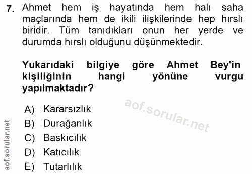 7. soru: Ahmet hem iş hayatında hem halı saha maçlarında hem de ikili ilişkilerinde hep hırslı biridir. Tüm tanıdıkları onun h…
