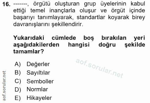 16. soru: -, Örgütü oluşturan grup üyelerinin kabul ettiği temel inançlarla oluşur ve örgüt içinde başarıyı tanımlayarak, stand…