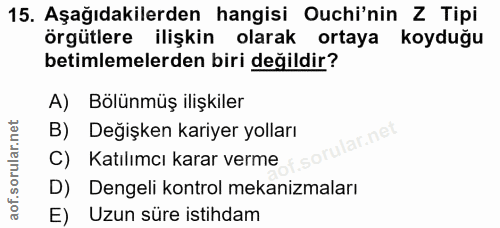 15. soru: Aşağıdakilerden hangisi Ouchi'nin Z Tipi örgütlere ilişkin olarak ortaya koyduğu betimlemelerden biri değildir? A) Bö…
