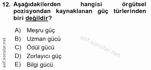 12. soru: Aşağıdakilerden hangisi örgütsel pozisyondan kaynaklanan güç türlerinden biri değildir? A) Meşru güç B) Uzman gücü C)…