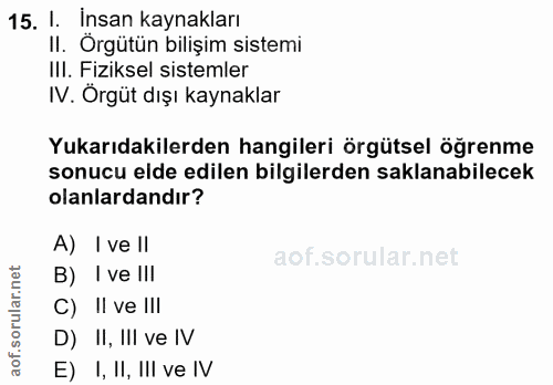 15. soru: I. İnsan kaynakları II. Örgütün bilişim sistemi Ill. Fiziksel sistemler IV. Örgüt dışı kaynaklar Yukarıdakilerden han…