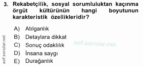 3. soru: Rekabetçilik, sosyal sorumluluktan kaçınma örgüt kültürünün hangi boyutunun karakteristik özellikleridir? A) Atılganl…