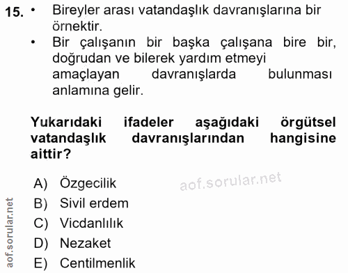 15. soru: • Bireyler arası vatandaşlık davranışlarına bir örnektir. Bir çalışanın bir başka çalışana bire bir, doğrudan ve bile…