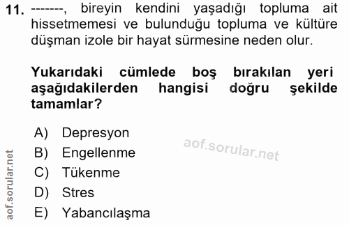 11. soru: - bireyin kendini yaşadığı topluma ait hissetmemesi ve bulunduğu topluma ve kültüre düşman izole bir hayat sürmesine…