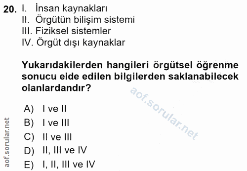 20. soru: 1. İnsan kaynakları II. Orgütün bilişim sistemi IlI. Fiziksel sistemler IV. Orgüt dışı kaynaklar Yukarıdakilerden han…
