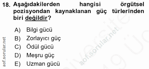 18. soru: Aşağıdakilerden hangisi örgütsel pozisyondan kaynaklanan güç türlerinden biri değildir? A) Bilgi gücü B) Zorlayıcı gü…