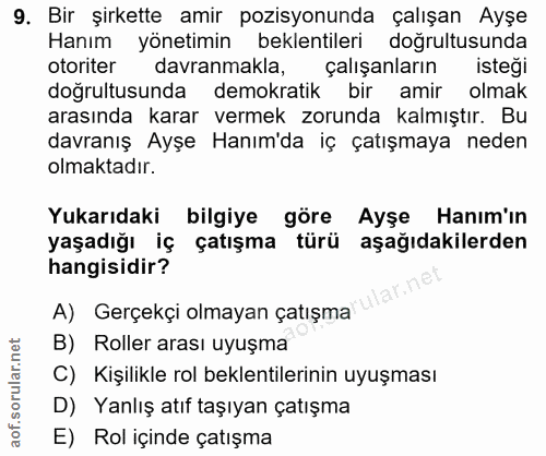 9. soru: Bir şirkette amir pozisyonunda çalışan Ayşe Hanım yönetimin beklentileri doğrultusunda otoriter davranmakla, çalışanl…