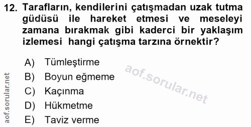 12. soru: Tarafların, kendilerini çatışmadan uzak tutma güdüsü ile hareket etmesi ve meseleyi zamana bırakmak gibi kaderci bir…