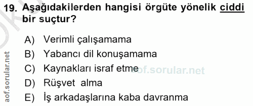 19. soru: Aşağıdakilerden hangisi örgüte yönelik ciddi bir suçtur? A) Verimli çalışamama B) Yabancı dil konuşamama C) Kaynaklar…